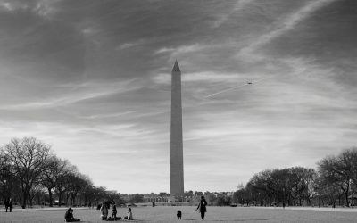 Washington Monument with people and dog in the foreground